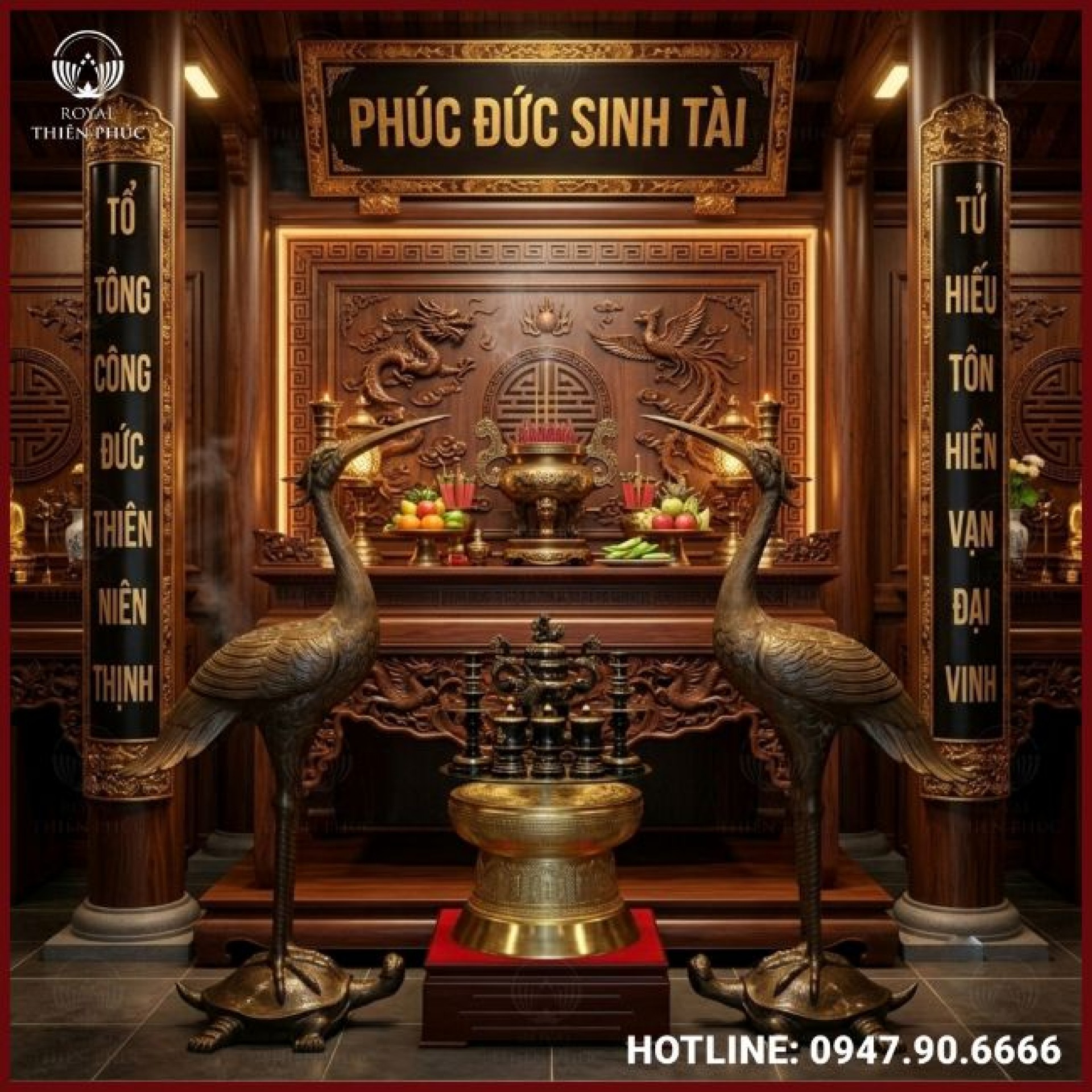 Bộ hạc thờ bằng đồng đỏ cỡ lớn nổi bật